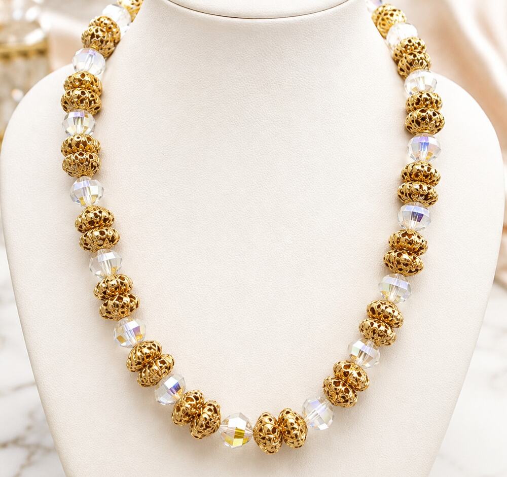 Vintage Gold Tone Filigree AB Crystal Bead Choker Necklace 15” Hollywood Regency